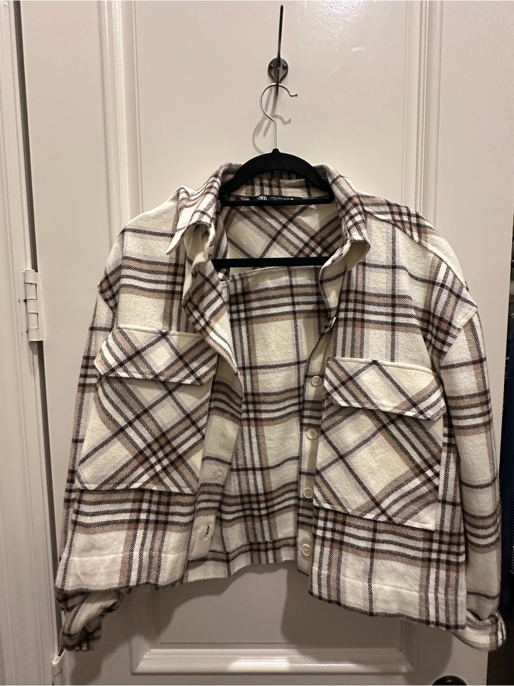 Zara Cream and Brown Plaid Teddy Shacket